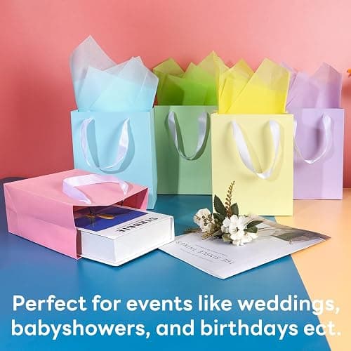 MOXARYSU 5 Pcs Small Medium Gift Bags With Handles: 7x4x9 Pastel Kraft Paper Bags With 10 Tissues For Party, Birthday,Baby Shower,Wedding（Soft Color） thumbnail 3