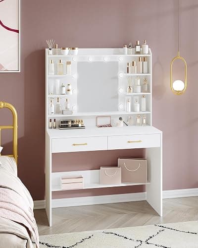 Hzuaneri Vanity Desk with Mirror and Led Light, Adjustable Brightness, Dressing Table with Shelves and 2 Drawers, for Bedroom, 40 x 100 x 149 Cm, White DT38703XCA thumbnail 7
