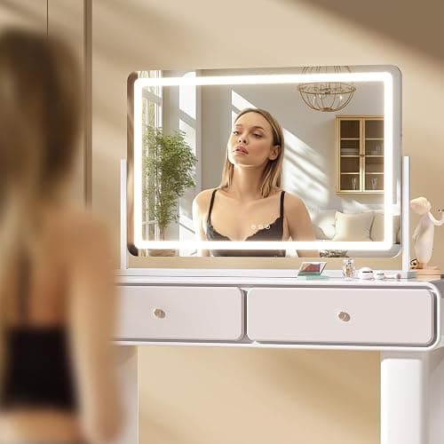 Hasipu Vanity Mirror with Lights, 35.4" x 23.6" LED Makeup Mirror, Light up Mirror with 10X Magnification and Phone Holder, USB Charging Port, Smart Touch 3 Colors Dimmable (White) thumbnail 9