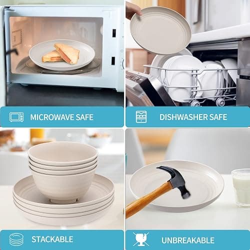 28pcs Wheat Straw Dinnerware Sets for 4, Wheat Straw Plates and Bowls Sets Microwave Safe, Large Plates, Bowls, Cups - Beige thumbnail 5