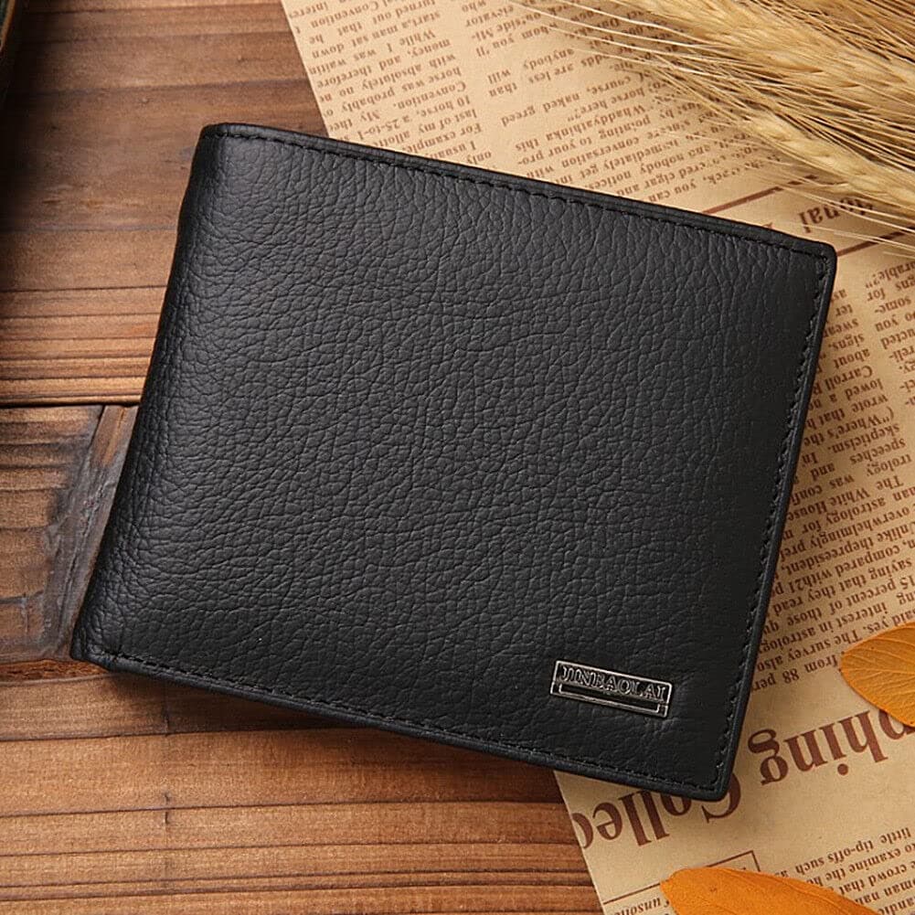 Men's Genuine Cowhide Leather Bifold Wallet - 2 Bill Compartments + 8 Card Slots + Photo Insert | Zippered Coin Pocket & Multi-Layer Organizer | Durable Stitching (Black) thumbnail 4