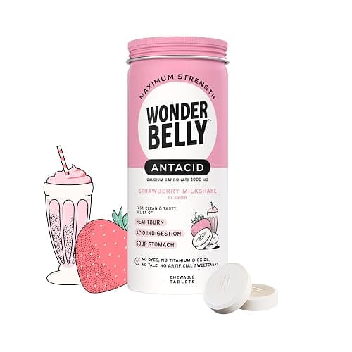 Wonderbelly Antacid Effective Heartburn and Instant Acid Indigestion Relief Extra Strength Chewable Tablets 1000 mg Calcium Carbonate No Talc or Dye Strawberry Milkshake 50 count - Image 1