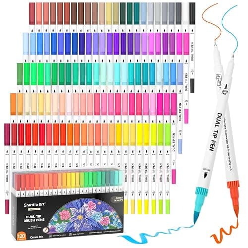 120 Colors Dual Tip Brush Marker Pens with 1 Coloring Book, Fineliner and Brush Dual Tip Markers Set, Water-based Ink Perfect for Kids Adult Artist Calligraphy Hand Lettering Journal Doodling Writing - Image 1