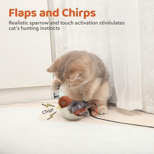 Potaroma Cat Toys Rechargeable Flapping Bird Sparrow, Lifelike Chirp Tweet, Touch Activated Kitten Toy Interactive Cat Exercise Toys for All Breeds Cat Kicker Catnip Toys 4.0 Inches thumbnail 2