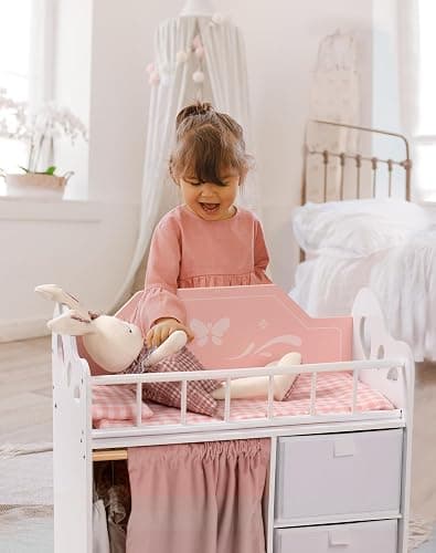 ROBUD Baby Doll Crib, Wooden Doll Bed with Storage and Bedding, of Toy Baby Crib to Kids, Pink Baby Doll Beds Suit for Dolls Under 22 Inches thumbnail 2