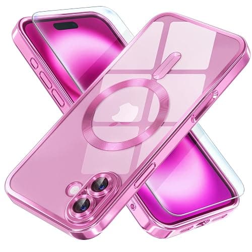 Misea Magnetic for iPhone 16 Plus Case Compatible with MagSafe [Never Yellowing] [Military Grade Drop Protection] Full Camera Lens Protector Plating Soft Clear Phone Case for Women 6.7 inch, Hot Pink - Image 1
