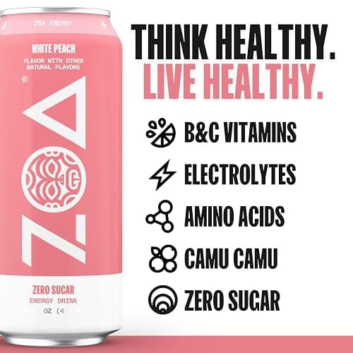 ZOA Zero Sugar Energy Drinks, White Peach - Sugar Free with Electrolytes, Healthy Vitamin C, Amino Acids, Essential B-Vitamins, and Caffeine from Green Tea - 16 Fl Oz (12-Pack) thumbnail 3