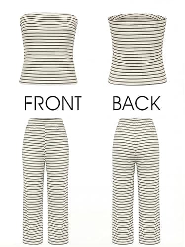 Tankaneo Womens Striped 2 Piece Sets Summer Strapless Crop Tube Tops Wide Leg Pants Matching Lounge Set Vacation Outfits thumbnail 5