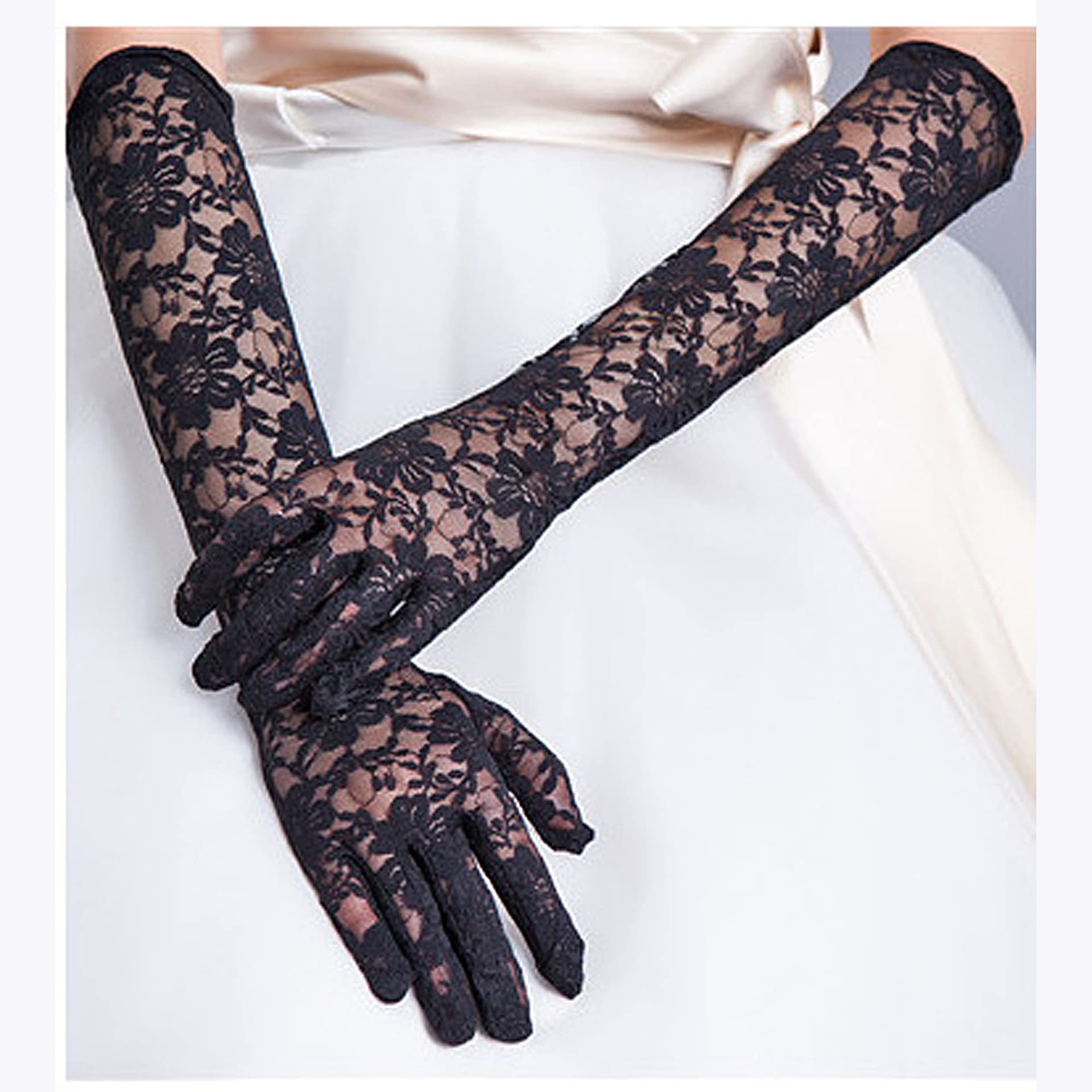 IRYNA Long Lace Gloves - Black Elbow Length Opera Silk Hand Sleeves for Evening Party, Black, One Size thumbnail 5