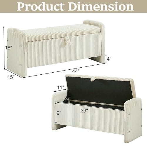 WUTUTUEE 44'' Corduroy Storage Ottoman Bench, Upholstered Storage Bench End of Bed for Bedroom, Linear Bed Bench with Safety Hinge, Living Room, Entryway, Beige thumbnail 2