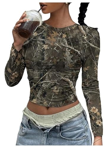 SOLY HUX Women's Y2k Camo T Shirt Crew Neck Long Sleeve Slim Fit Tee Going Out Crop Tops - Image 1
