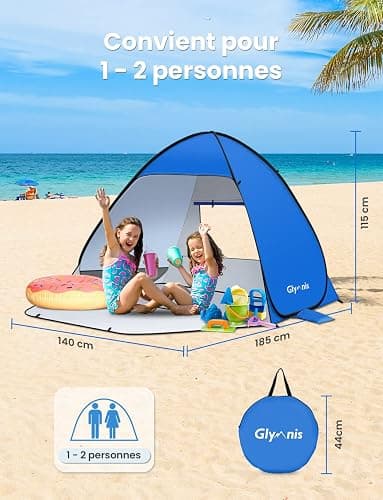 Glymnis Tente de Plage Pop Up pour 1-2 Personnes (S) 3-4 Personnes (L) Abris de Plage avec Porte à Glissière Protection UV 50+ Contre Le Vent thumbnail 3