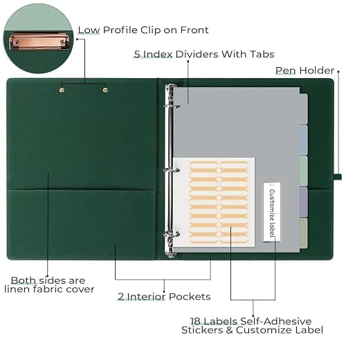 EYROZILL 3 Ring Binder, 1 Inch Linen Binder Organizer for Letter Size (8.5" x 11") with 5 Tab Dividers, File Folder Labels and Low Profile Clipboards, School and Office Supplies-Blackish Green thumbnail 4
