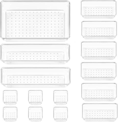 Vtopmart Organisateu Tiroir, Plastique Rangement Tiroir, 4 Tailles, 15 Pack | Design Transparent Empilable, pour Salle de Bain, Coiffeuse, Cuisine et Bureau, Livré avec Tapis Antidérapan, Facile Nettoyer - Image 1