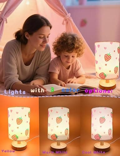 Strawberry Lamp, Strawberry Room Decor for Girls,3 Color Changing LED Night Light with 9 Brightness Levels Wood Nightstand Desk Base Flaxen Fabric Shade for Bedroom Living Room (Pink Strawberry) thumbnail 2