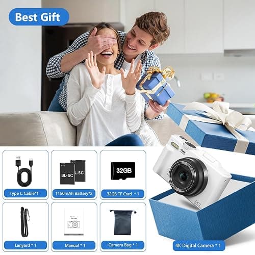 Digital Camera for Photography, 4K Vlogging Camera for YouTube 3" 180° Flip Screen 18X Digital Zoom Compact Cameras with 32GB TF Card & 2 Batteries, White thumbnail 7