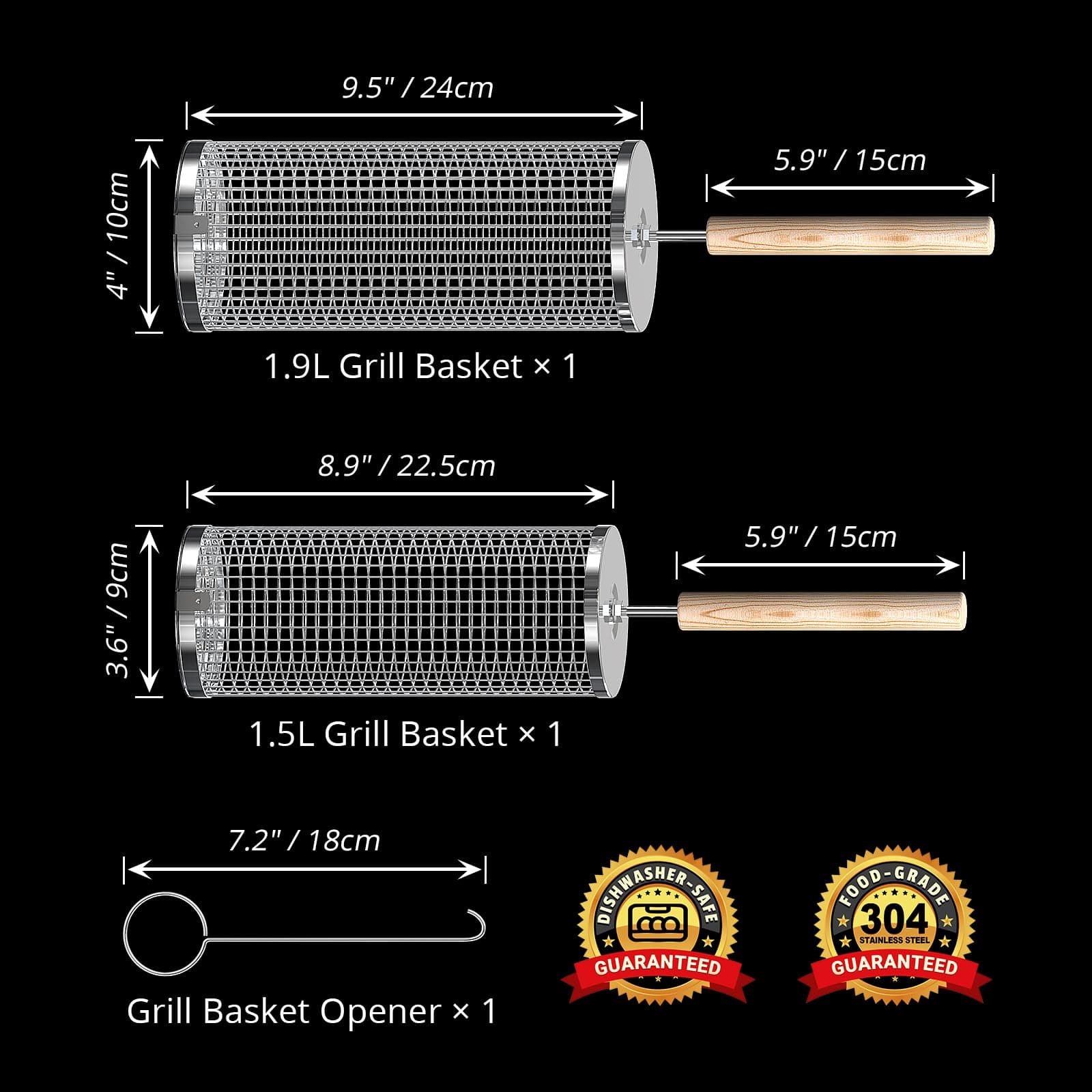 Rolling Grill Baskets, Removable Wooden Handle, 304 Stainless Steel, Nesting Grilling Net, BBQ Accessories Tools for Vegetables Shrimp, Outdoor Cooking Camping, Birthday Gifts for Men Dad Husband thumbnail 2