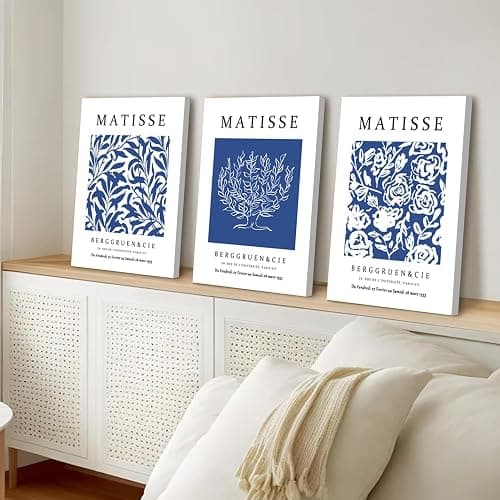 Marllifenney Blue Matisse Wall Art Framed Set of 3 Abstract Navy Blue Posters Minimalist Flower Market Canvas Prints Modern Aesthetic Decor Artwork Painting Picture for Living Room Bedroom 12x16in thumbnail 2