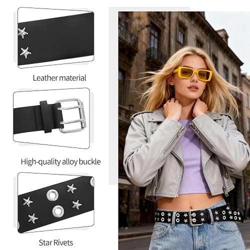 JATEBI 3 Pcs Y2K Black Studded Belt Metal Goth Punk Rock Belts with Shiny Pyramid Studded and Star for Women thumbnail 3
