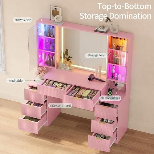 Big Vanity Desk, Fluted Makeup Vanity with Mirror Lights, Pink Vanities | Large, Charging Station, Sound Sync Chasing LED Lights, Wood Vanities, Luxury Glass Cabinets, 8 Drawers, Girls, Women thumbnail 6