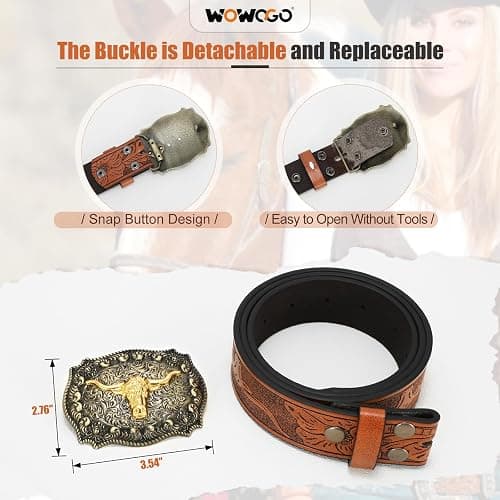 WOWOGO Women Men Western Belts Cowboy Cowgirl Country Belt Longhorn Bull Buckle Floral Embossed Belt for Jeans Dresses thumbnail 4
