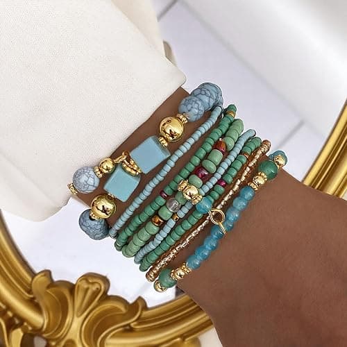 IFKM 8PCS Beaded Bracelets for Women, Multilayered Stackable Strand Stretch Bead Bracelet Pack Handmade Trendy Bohemian Charm Jewelry thumbnail 2