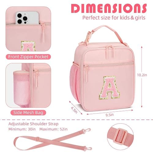 CLOUDWINGS Initial Insulated Lunch Bag for Girls Kids, Back to School Gift, Reusable Leak-proof Lunch Box with Adjustable Strap for School Daycare Travel Picnic (Pink,A) thumbnail 3