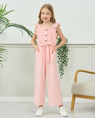 SODLON Girls Jumpsuit Kids Romper Cute Summer Smocked Outfits Size 5-12Y | Fashion Preppy Girls Clothes, Ruffle School Graduation Picture Girl Jumper, Sleeveless Tween Jumpsuits with Belted & Pockets thumbnail 2