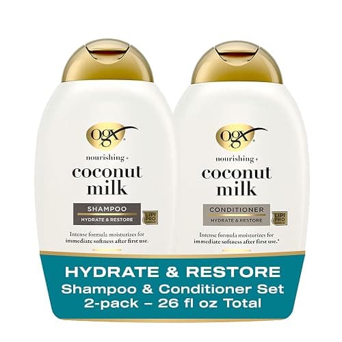 OGX Nourishing + Coconut Milk Sulfate Free Shampoo and Conditioner Set, Hydrates & Softens Hair, Lipi Pro Shield Technology, Creamy Coconut Milk White Peach & Shea Butter Scent, 2 Items, 2 x 13 fl oz - Image 1