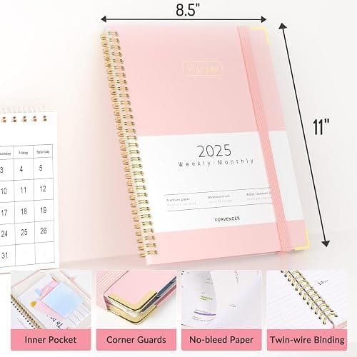 Forvencer 2025 Planner, Hardcover Weekly and Monthly Planner, January 2025 - December 2025, 8.5" x 11", Spiral Calendar Planner with Tabs, Exquisite Daily Organizer Notebook with Inner Pocket, Agenda Journal for Office Home School, A4 Size, Pink - Pink - 8.5" x 11" thumbnail 5