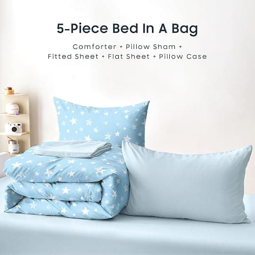 Wake In Cloud - Star Bedding Set for Boys Girls, Cute Stars Polka Dot, Soft Lightweight Comforter Set with Sheets, 5 Pieces Kids Bed in a Bag, Sky Blue, Twin Size thumbnail 7