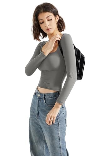 SUUKSESS Women Square Neck Long Sleeve Tops Double Lined Going Out T Shirts thumbnail 3