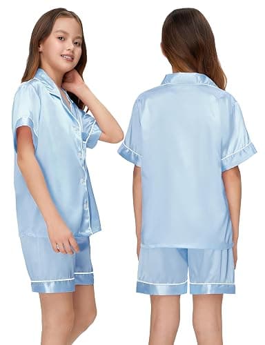 ALHAVONE Kids Girl Pajama Set with Headband Blindfold Hair Tie Toddler Boy Girl Satin Silky Button-up Pajama Sleepwear thumbnail 4