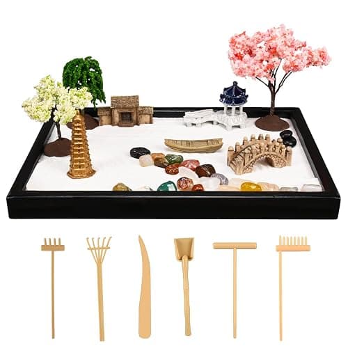 Yoquare Mini Zen Garden, White Sand, 10" x 7" Rectangular Plastic Tray with Meditation Accessories - Image 1