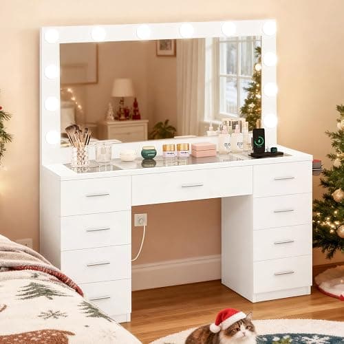 Quimoo Vanity Desk with Glass Top & Large Lights Mirror, 3 Adjustable Lighting Color, 46" Makeup Vanity with 9 Drawers and 12 LED Lights, Vanity Table, Dressing Table for Bedroom(White) thumbnail 9