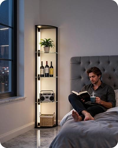 GOEBLESON Floor Lamp with Shelves, 4 Tier Wooden Standing Lamp, 360° Rotatable Pole, 3 CCT & Dimmable Corner Floor Lamps for Bedroom, Living Room, Study, Office, Black ZG54LDK05 thumbnail 7