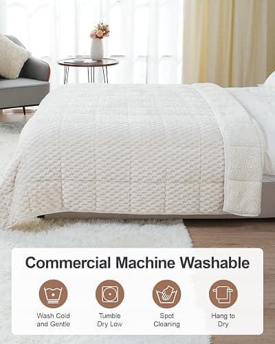 Super Soft Luxury Fleece Sherpa Weighted Blanket 15 lbs for Adults, Turtle Shell Fuzzy Cozy Warm Weighted Throw for Winter, Ceramic Beads Washable Heavy Blankets for Couch Bed, Cream White, 60"x80" thumbnail 7