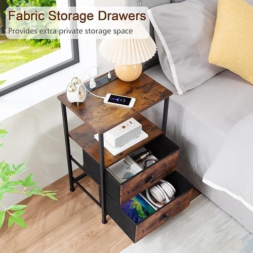 LOAKEKEL Night Stand Set 2, Nightstand with Charging Station, End Tables with Storage Shelf for Small Spaces, Bedside Table Side Tables with 2 Fabric Drawers for Bedroom, Rustic Brown, HETS020PBR thumbnail 4