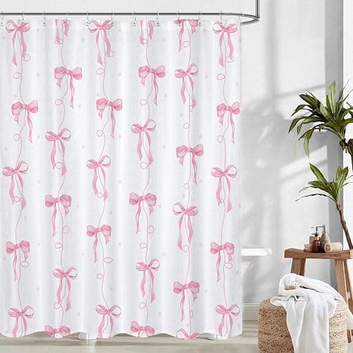 LYLYCTY Pink Bow Shower Curtain, Cute Coquette Preppy Aesthetic for Teens Girls Bathroom Decor Curtains with 12 Hooks, 72x72 inches - Image 1