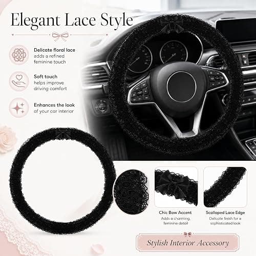 2027 Upgraded 15 Inch Lace Steering Wheel Cover Without Bow，B：O-Shape | Non-Slip Universal Fit Car Wheel Cover Fit, Elegant Bow-Knot Steering Wheel Cover, Stylish Car Interior Accessories thumbnail 2