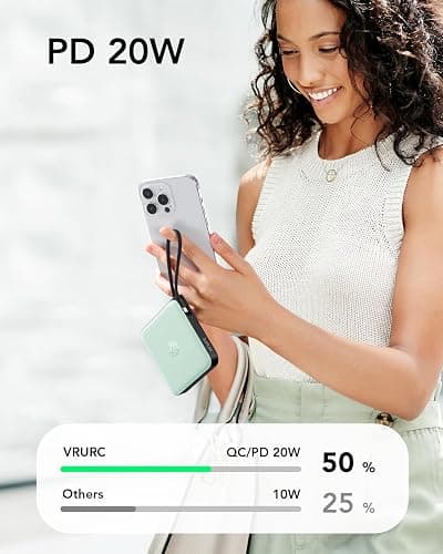 VRURC Portable Charger USB C, Power Bank with Built-in Cable, 10000mAh 20W Battery Pack for iPhone 16 15 14 Samsung Galaxy S23 S22 Google, Note 20, Pixel, Moto, LG Android Phone, Green(1 Pack) thumbnail 4