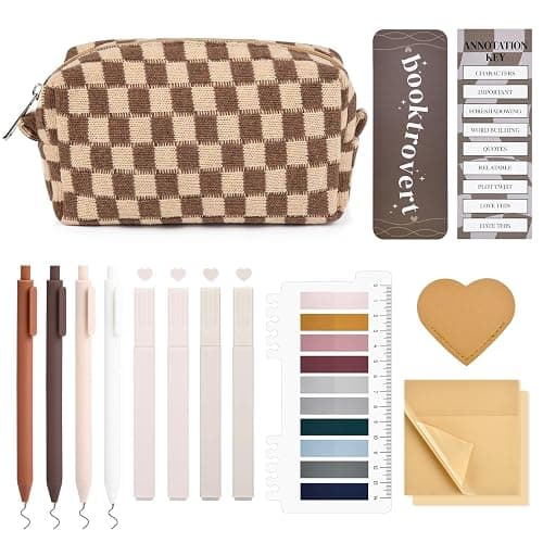 14 PCS Aesthetic Book Annotation Kit Large Checkered Pencil Case Book Lover Bookmark Dual Highlighters Gel Pens Study Supplies Stationary Set for Student Brown - Image 1