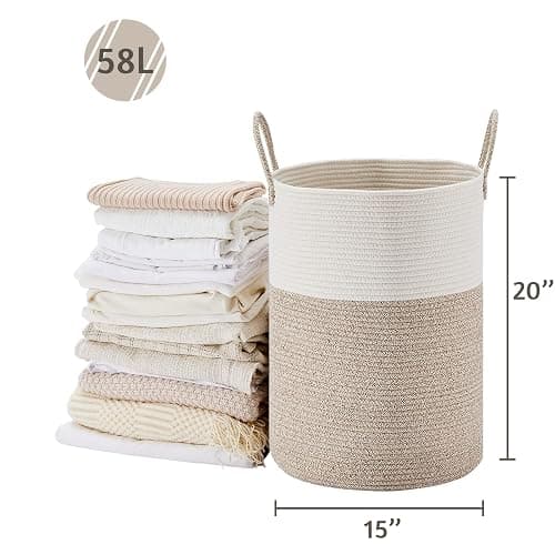 VIPOSCO Large Laundry Hamper, Tall Woven Rope Storage Basket for Blanket, Toys, Dirty Clothes in Living Room, Bathroom, Bedroom - 58L White & Brown thumbnail 2