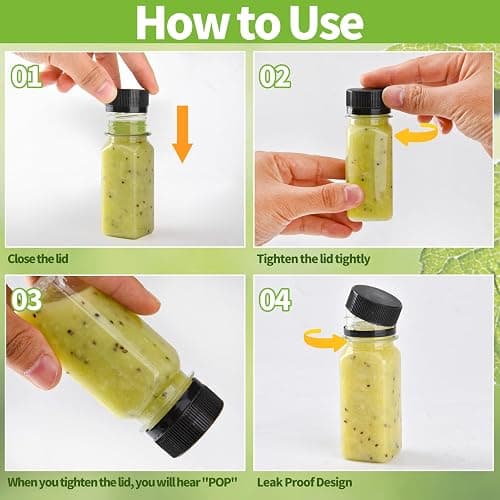 12 pcs 2oz Small Plastic Juice Bottles with Lids，Reusable Leak proof Ginger Shots Bottle with Black caps, Wellness Mini Jars Plastic Containers for Smoothie, Water, Milk and Other Beverages thumbnail 4