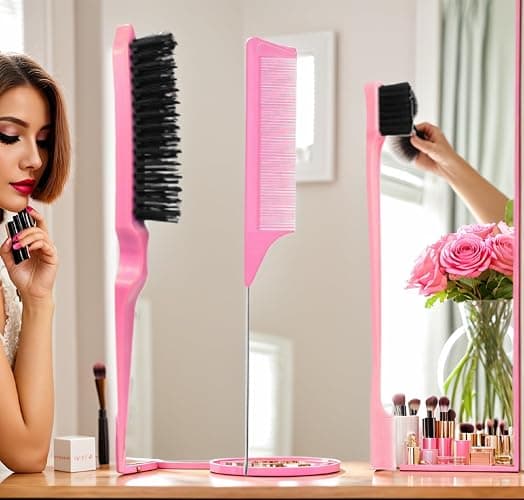 xiangwenlan Pink comb Set 3 Pcs. slick back hair brush,Slick Back Brush with Edge Brush, styling comb for kids for middle part，Rat Tail Comb, Teasing Brush Set for Smoothing brush Baby Hair thumbnail 6