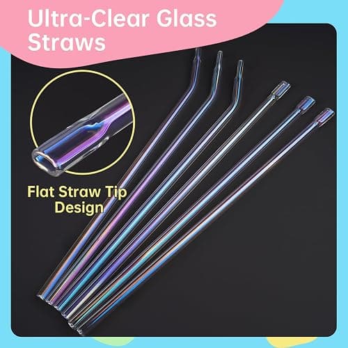 NiHome 6PCS 12" Iridescent Glass Anti-Wrinkle Flat Tip Straws for Stanley 30 & 40 oz Tumblers, Lip-Friendly Straight & Curved Borosilicate Glass Reusable Straws for Cold & Hot Drinks, Dishwasher Safe thumbnail 4