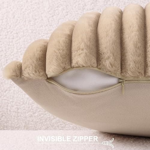 Pallene Faux Fur Plush Throw Pillow Covers 18x18 Set of 2, Luxury Soft Fluffy Striped Decorative Pillow Covers for Sofa, Couch, Living Room, Khaki thumbnail 3