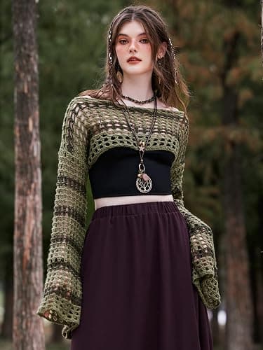 WDIRARA Women's Crochet Crop Tops Hollow Out Knit Shrugs | Y2k Long Bell Sleeve Crop Sweater thumbnail 4