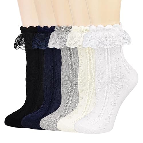 BIVOLU Womens Crew Socks Lace Ruffle Frilly Cotton Cute Princess Ankle Dress Socks for Girl 5 Pack - Image 1
