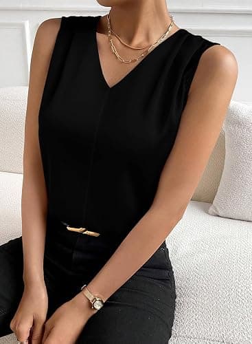 EVALESS Women's Pleated V Neck Sleeveless Tank Top thumbnail 2